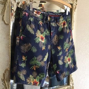 Superdry International shorts. Tropical print on navy. Size S
